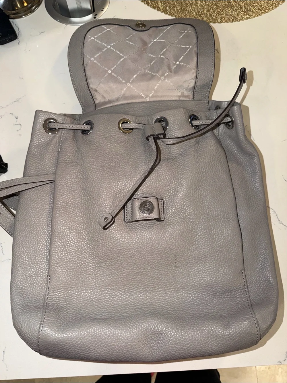 Michael Kors Light Gray Pebbled Leather Drawstring Tote